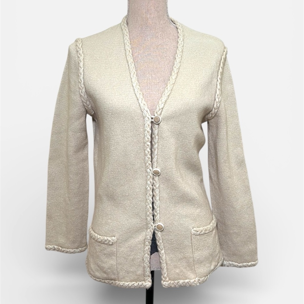 Elegant Women's Cream Cardigan with Braided Detail